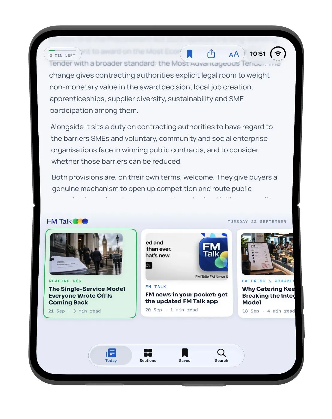 FM Talk in partially folded portrait on the iPhone Duo: the article fills the flat top pane, the Today feed and tab bar sit in the bottom pane, and nothing crosses the crease.
