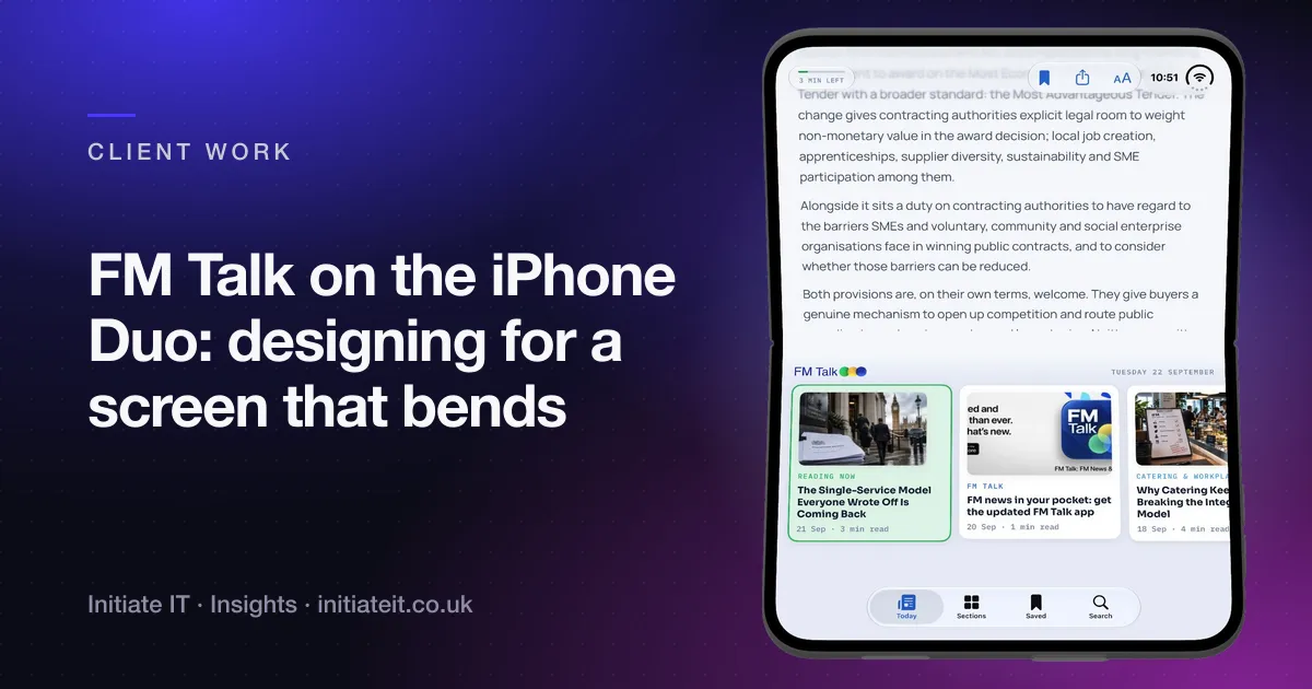 FM Talk running on an iPhone Duo in partially folded portrait, the article on the top half and the Today feed on the bottom half
