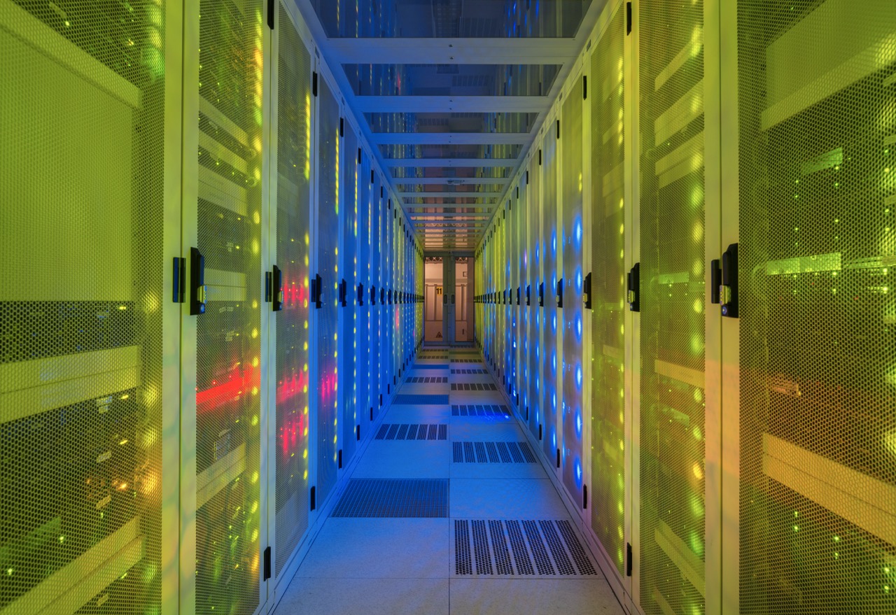 Datacenter with rows of servers storing cloud infrastructure