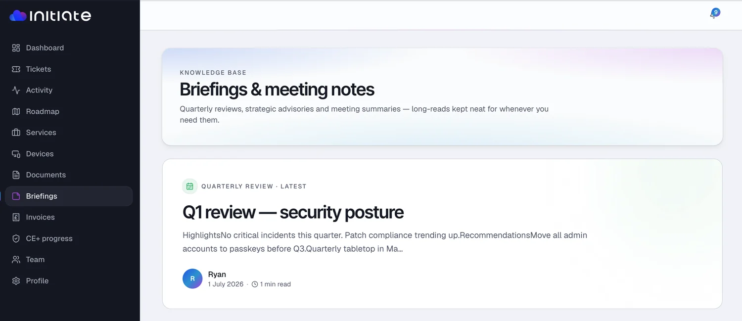 Portal briefings view showing a quarterly security posture review.