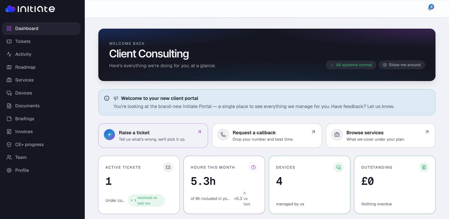 The Initiate client portal dashboard, showing live device health, hours used against the retainer, tickets and invoices at a glance.