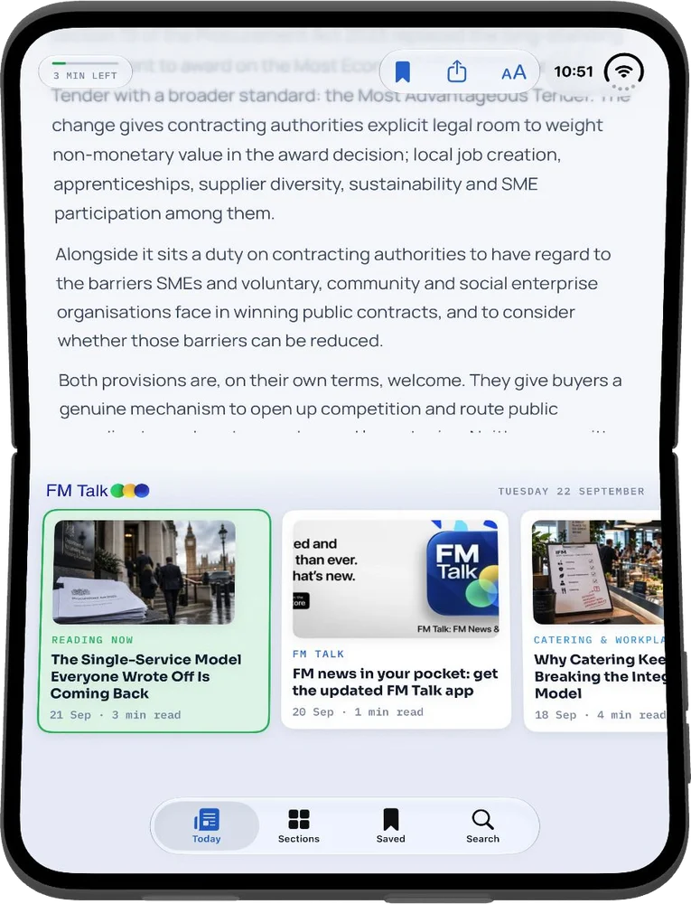 FM Talk running on an iPhone Duo, article on the top half and the Today feed below